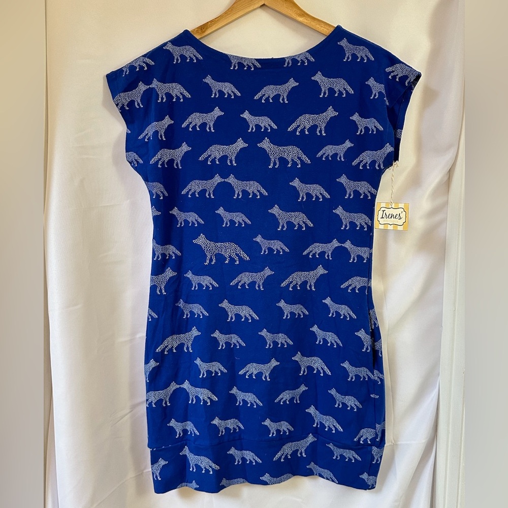 NWT MODCLOTH T-SHIRT DRESS BLUE W/ DOTTED WHITE WOLF FABRIC sz L
